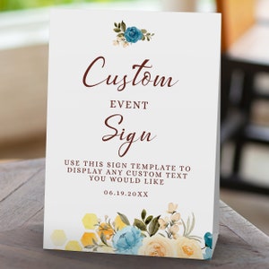 Bride-to-be Bridal Shower Bee-Themed Custom Sign with Blue and White Flowers, Honeycomb, and Bees. Personalized with your Text for a Unique and Charming Decor.