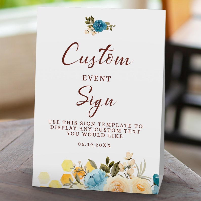 Bride-to-be Bridal Shower Bee-Themed Custom Sign with Blue and White Flowers, Honeycomb, and Bees. Personalized with your Text for a Unique and Charming Decor.