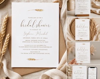 Minimalist Rustic Wheat Bridal Shower Invitation Template, Neutral Boho Bridal Shower Invite, Editable Modern Bridal Shower, Printable