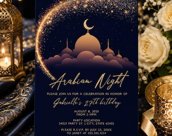 Arabian Nights Birthday Invitation, Editable Moroccan Birthday Invite, Gold Navy Party Invitation, Theme Party Invite, Corjl Template