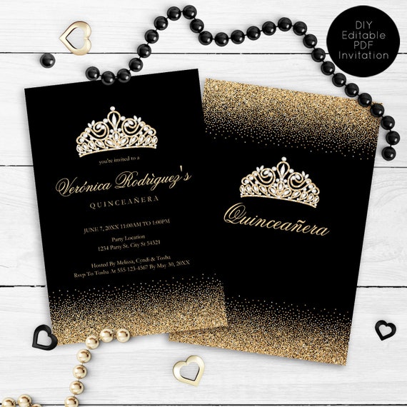 Gold and Black Glitter Quinceanera Invitations, Glitter Quinceanera Invitations, Black Quinceanera Invitations, Printable Quince Invitations Il_570xn
