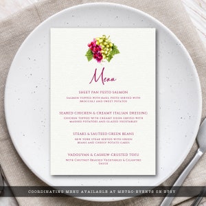 Housewarming, book club, girls' night? Wine night is a perfect theme for many occasions. This dinner menu is created with red and green grapes with a watercolor texture on a lightly textured background.