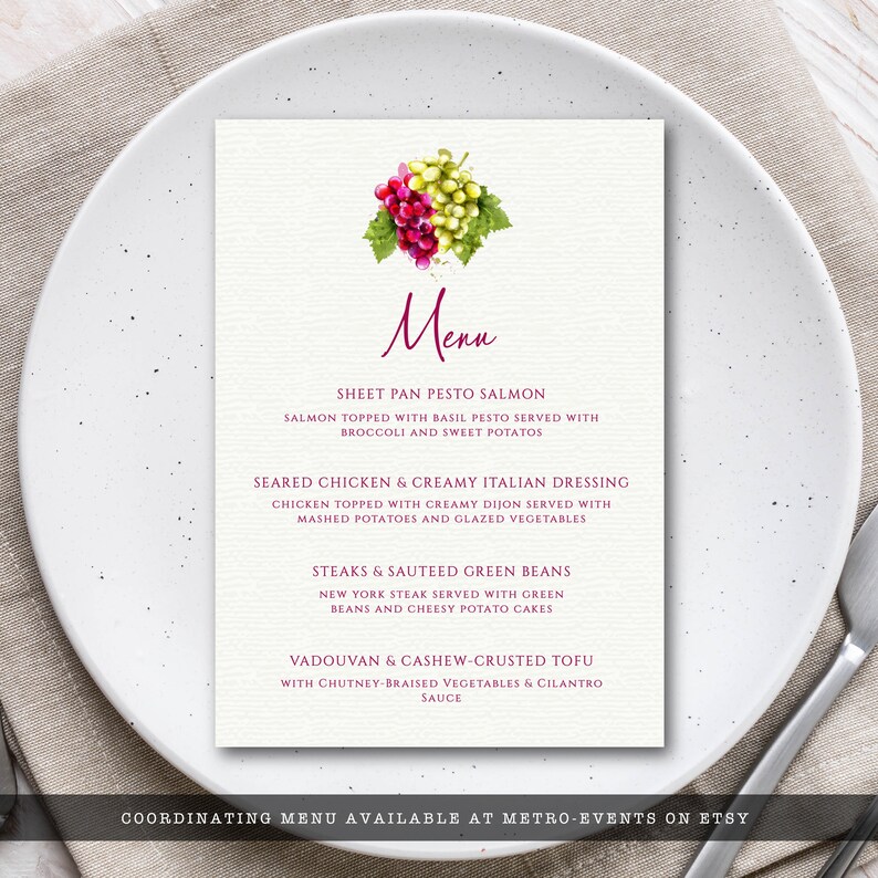 Housewarming, book club, girls' night? Wine night is a perfect theme for many occasions. This dinner menu is created with red and green grapes with a watercolor texture on a lightly textured background.