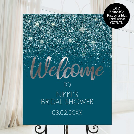 Teal Glitter Bridal Shower Welcome Sign, Printable Sign, Glitter Party Sign, Custom Welcome Sign, Editable Welcome Sign, Instant download Il_570xn