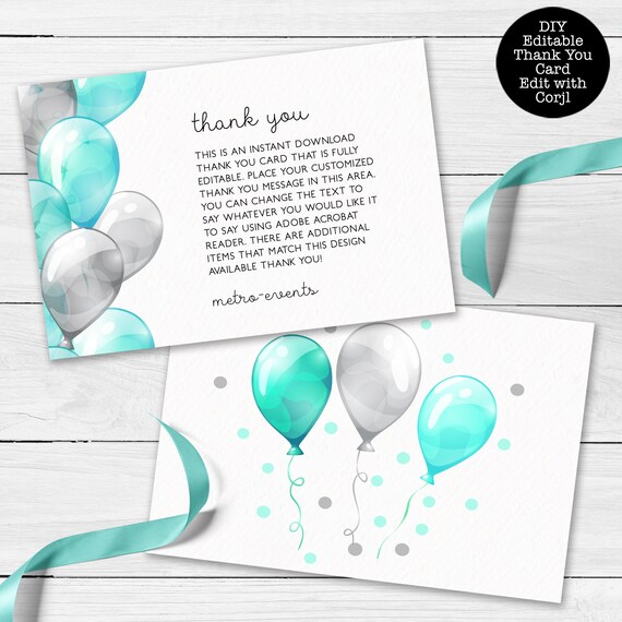 Aqua and Silver Thank You Cards, Custom Thank You Cards, Balloons Thank you Card , Thank You Notes, Editable Card, Printable Thank You Card Il_570xn