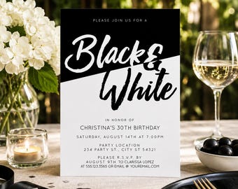 Black and White Birthday Invitation, Modern Adult Birthday Invite, Editable Milestone Birthday Invitation, Elegant Printable Celebration