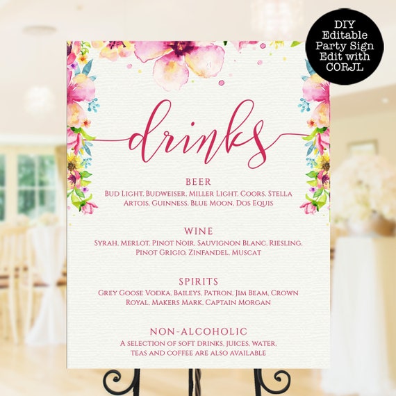 Pink Floral Drink Menu, Customizable Menu Sign, Floral Bar Sign, Custom