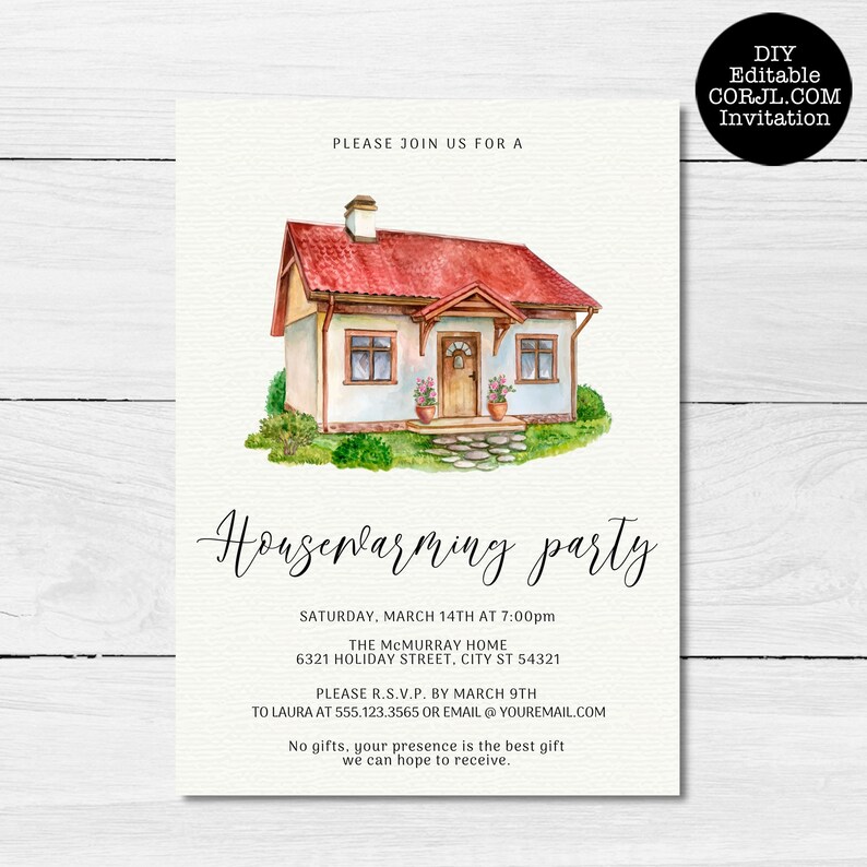 May include: Housewarming party invitation with a watercolor illustration of a house with a red roof. The invitation includes event details: date, time, location, RSVP information, and a request for no gifts.