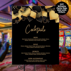 Panneaux de menu de boisson sur le thème Gold Vegas, signe de fête de casino, menu de cocktail, signe de menu de boisson, panneaux de barre modifiables, téléchargement immédiat, signe imprimable