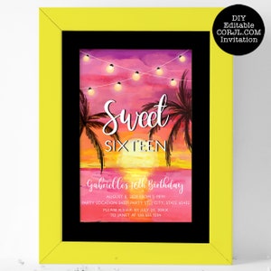 Tropical Sunset Sweet Sixteen Invitation, Beach Invitations, Printable Invitations, Corjl Invitations, Sunset Invitations, Instant Download