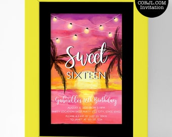 Tropical Sunset Sweet Sixteen Invitation, Beach Invitations, Printable Invitations, Corjl Invitations, Sunset Invitations, Instant Download