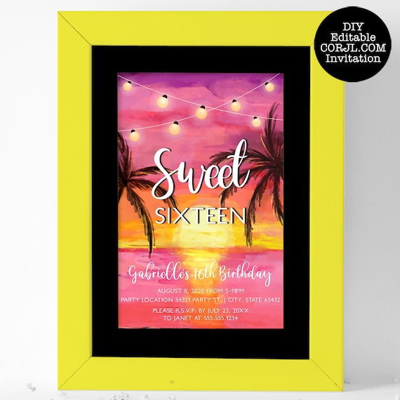 Tropical Sunset Sweet Sixteen Invitation, Beach Invitations, Printable Invitations, Corjl Invitations, Sunset Invitations, Instant Download Il_570xn