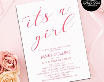 It's A Girl Baby Shower Invitations, Baby Girl Shower Invitation, Baby Shower Invitations, Printable Invitation, Instant Download, Baby Pink
