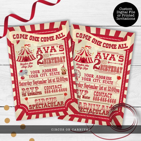 Red Vintage Carnival Birthday Invitations, Circus Party Invitations, Printable Invitation, Carnival Themed Party, Carnival Printable Il_570xn