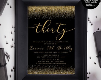 Gold and Black Invitations, 30th Birthday Invitation, Gold Glitter Invitation, Printable Invitation, Adult Party Invitations, Corjl Template