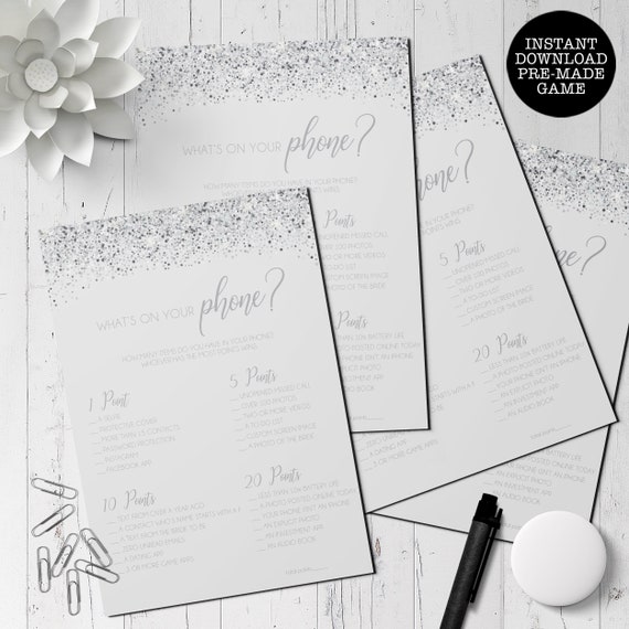 Silver Glitter Bridal Shower Game, Glitter Games, Instant Download, Glam Shower Game, Printable Games, What's On Your Phone Game, Phone game Il_570xn