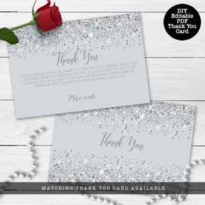Sparkling Silver Glitter Thank You Tags. A glam style card is created with faux silver glitter on a coordinating silver background with elegant text. Designed By MetroEvents.
