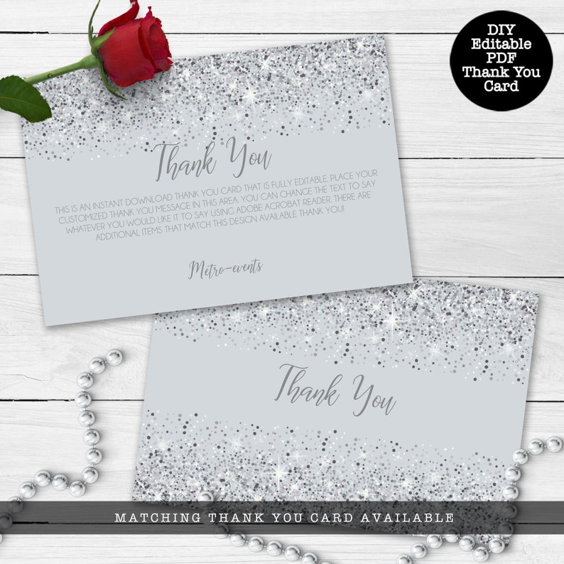 Sparkling Silver Glitter Thank You Tags. A glam style card is created with faux silver glitter on a coordinating silver background with elegant text. Designed By MetroEvents.