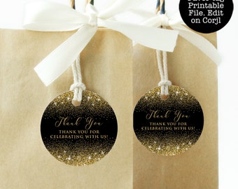 Editable Favor Tags, Gift Tags Template, Editable Favor Tags, Corjl Template, Black and Gold Glam Favor Tags, Black and Gold Cupcake Toppers