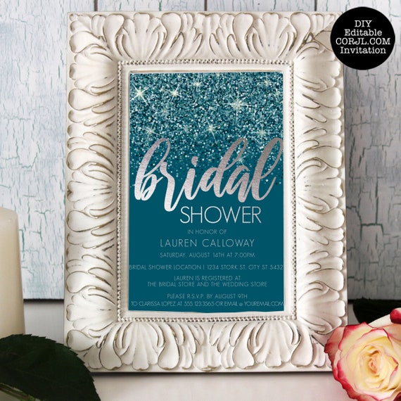 Teal Glitter Bridal Shower Invitations, Glitter Bridal Shower Invitations, Bridal Shower Invite, Printable Invitations, Editable Invitation Il_570xn