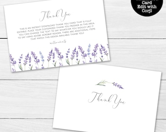 Country Lavender Thank You Cards, Thank You Card, Purple Thank You Cards, Floral Thank You Card, Printable, Corjl Template, Instant Download