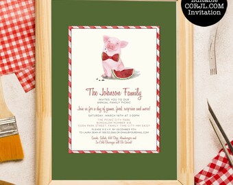 Watermelon and Cute Little Pig Picnic Invitations, Company Picnic Invite, Family Reunion Invitations, Park Party, Printable Invitations