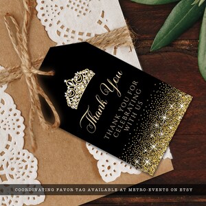 A sparkling-glam party theme, this glitzy favor tags features faux gold glitter with a diamond and gold crown accent on a black background. Designed By MetroEvents.