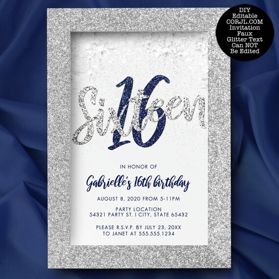 Blue and Silver Glitter Invitations, Glitter Sweet Sixteen Party Invitation, Printable Sweet 16 Party, Printable Invitations, Corjl Template Il_570xn