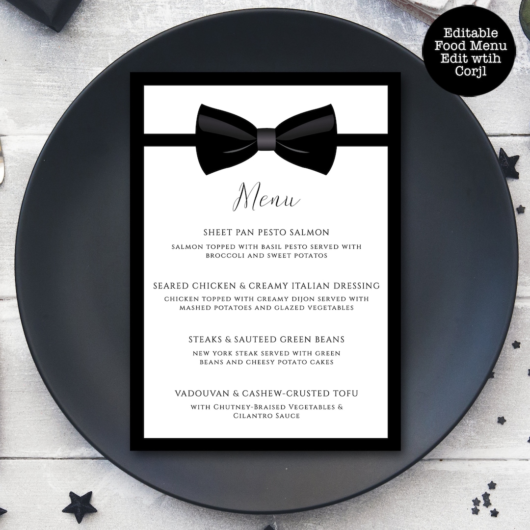 Black Tie Dinner Menu, Custom Menu, Food Menu, Black and White Menu