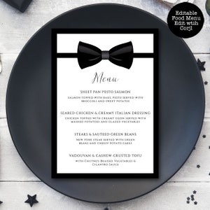 Menu cena cravatta nera, menu personalizzato, menu cibo, menu in bianco e nero, menu cena elegante, download istantaneo, menu stampabile, modello Corjl
