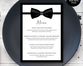 Black Tie Dinner Menu, Custom Menu, Food Menu, Black and White Menu, Elegant Dinner Menu, Instant Download, Printable Menu, Corjl Template