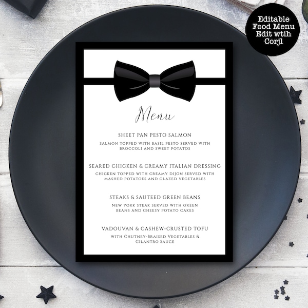 Black Tie Dinner Menu, Custom Menu, Food Menu, Black and White Menu, Elegant Dinner Menu, Instant Download, Printable Menu, Corjl Template