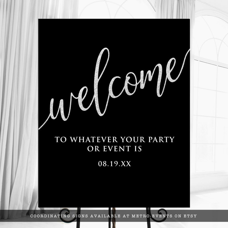 Minimalist Black and Silver Welcome Sign. Glamorous and Sparkling created with a black background and silver glitter accents. Designed by MetroEvents.