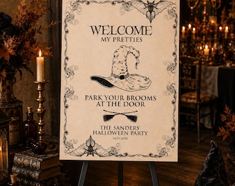Vintage Halloween Welcome Sign Editable Witch Hat Halloween Party Sign Printable Halloween Decor Spooky Welcome Sign Corjl