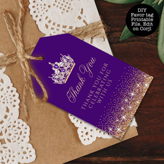 Gold and Purple Glitter Favor Tags, Purple Glitter Tags, Purple Glitter Favor Tag, Printable Thank You Tag, Purple Gift Tag, Purple Gift Tag Il_570xn