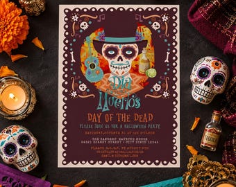 Day of the Dead Invitation, Editable Dia de los Muertos Party Invite, Sugar Skull Halloween Fiesta, Printable Corjl Template
