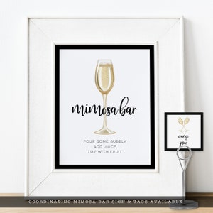 Champagne Brunch, Champagne Themed mimosa sign. Created with a gold champagne glass with a white background and black outline. Designed By MetroEvents