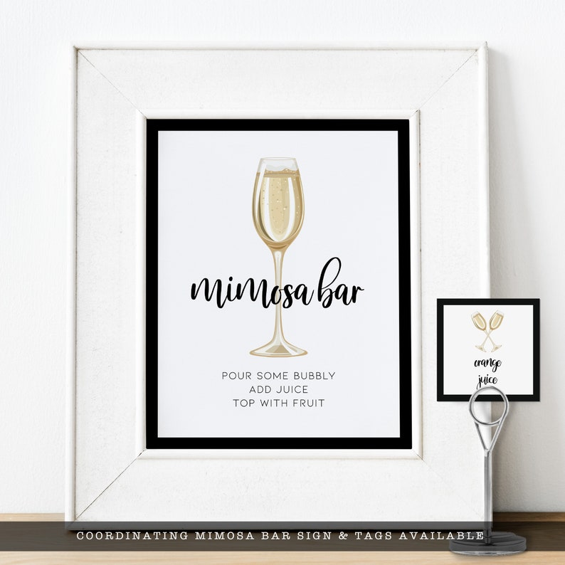 Champagne Brunch, Champagne Themed mimosa sign. Created with a gold champagne glass with a white background and black outline. Designed By MetroEvents