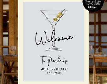 Retro Cocktail Welcome Signs, Grey and White Sign, Printable Sign, Instant Download, Cocktail Signs, Martini Welcome Sign, Corjl Template