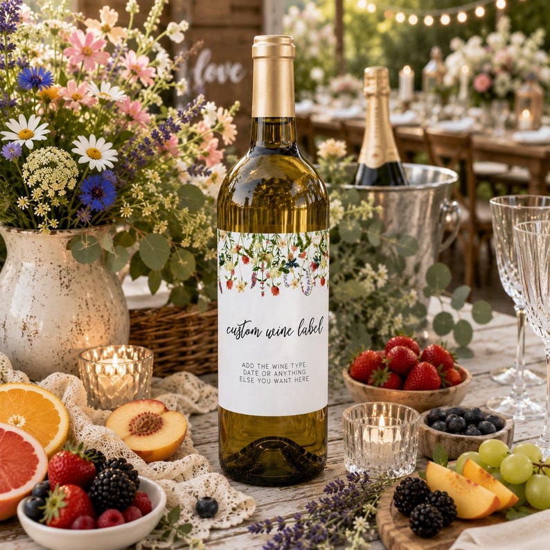 K&ouml;nnte beinhalten: Eine Weinflasche aus Klarglas mit einem wei&szlig;en rechteckigen Etikett, das oben eine bunte Blumenillustration, den Text custom wine label und den Text ADD THE WINE TYPE DATE OR ANYTHING ELSE YOU WANT HERE in schwarzer Schrift zeigt.