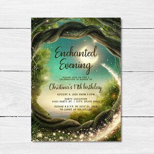 Enchanted Evening themed party invitation. A magical invitation created with a mystical background and glitter streaming through the bottom. Designed by MetroEvents