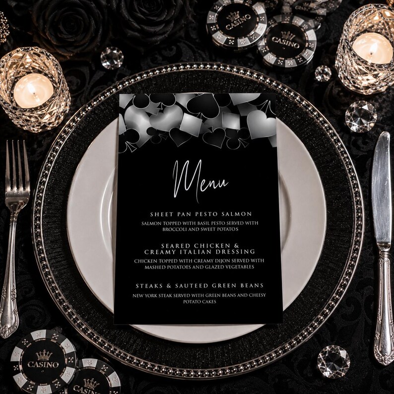 Casino Menu Sign Template, Silver Black Dinner Menu, Editable Casino Food Menu, Vegas Party Decorations, Poker Night Buffet Sign image 1