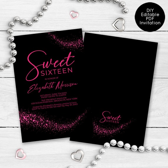 Hot Pink Glitter Sweet Sixteen Birthday Invitations, Sweet 16 Party Invitations, Printable Sweet 16 Invitations Il_570xn
