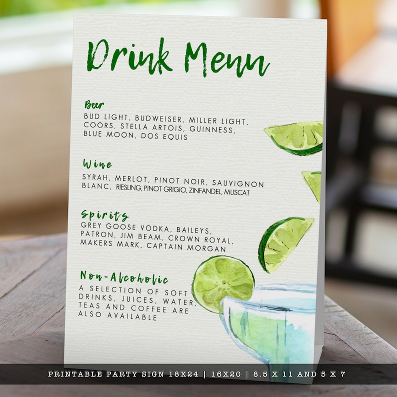Margarita Drink Menu Sign Bar Menu Lime Menu Template Etsy