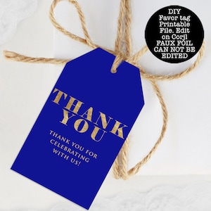 Blue and Gold Faux Foil Favor Tags, Faux Foil Tags, Gold Faux Foil Favor Tag, Printable Thank You Tag, Royal Blue Gift Tag, Corjl Template
