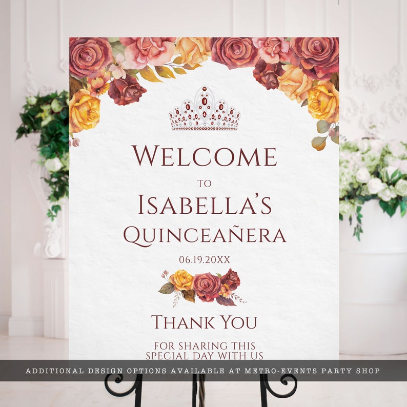 May include: Welcome sign for a Quincea&ntilde;era, featuring a watercolor floral design with a crown, the text "Welcome to Isabella's Quincea&ntilde;era" and the date "06.19.20XX". The sign also includes the text "Thank You for sharing this special day with us".