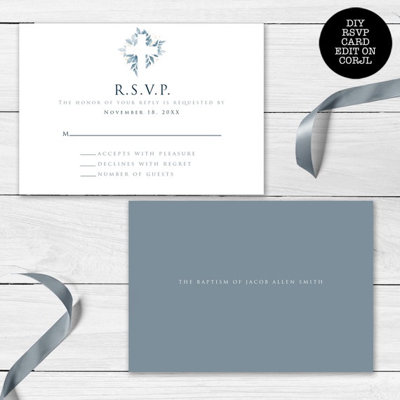Baptism rsvp card, Blue Cross RSVP Card, RSVP Card Template, RSVP Postcard, Instant Download, Corjl Template, Enclosure Card Il_570xn