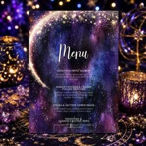 May include: A rectangular menu card with a dark purple and blue galaxy background featuring a glowing crescent moon and stars. The text reads Menu, Sheet Pan Pesto Salmon, Seared Chicken & Creamy Italian Dressing, Steaks & Sauteed Green Beans, and Vadouvan & Cashew-Crusted Tofu.