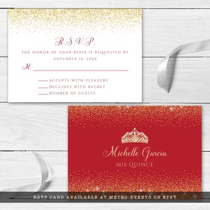 Red and Gold Glitter RSVP Cards. Designed with sparkles, faux gold glitter, gold crown with diamond, and red background accents for a fabulous birthday. Designed By MetroEvents
