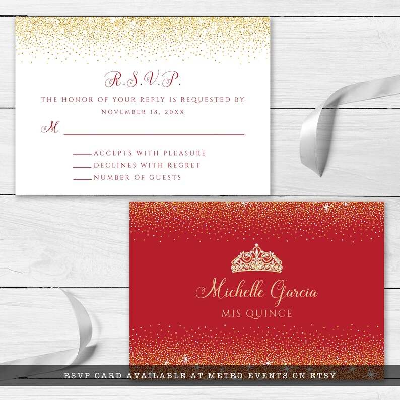 Red and Gold Glitter RSVP Cards. Designed with sparkles, faux gold glitter, gold crown with diamond, and red background accents for a fabulous birthday. Designed By MetroEvents